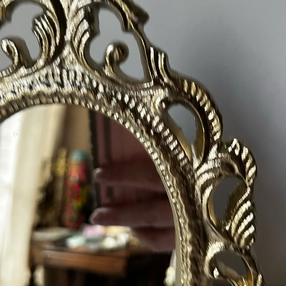 Ornate Vanity Mirror Oval metal Frame Scrollwork Tabletop Stand..